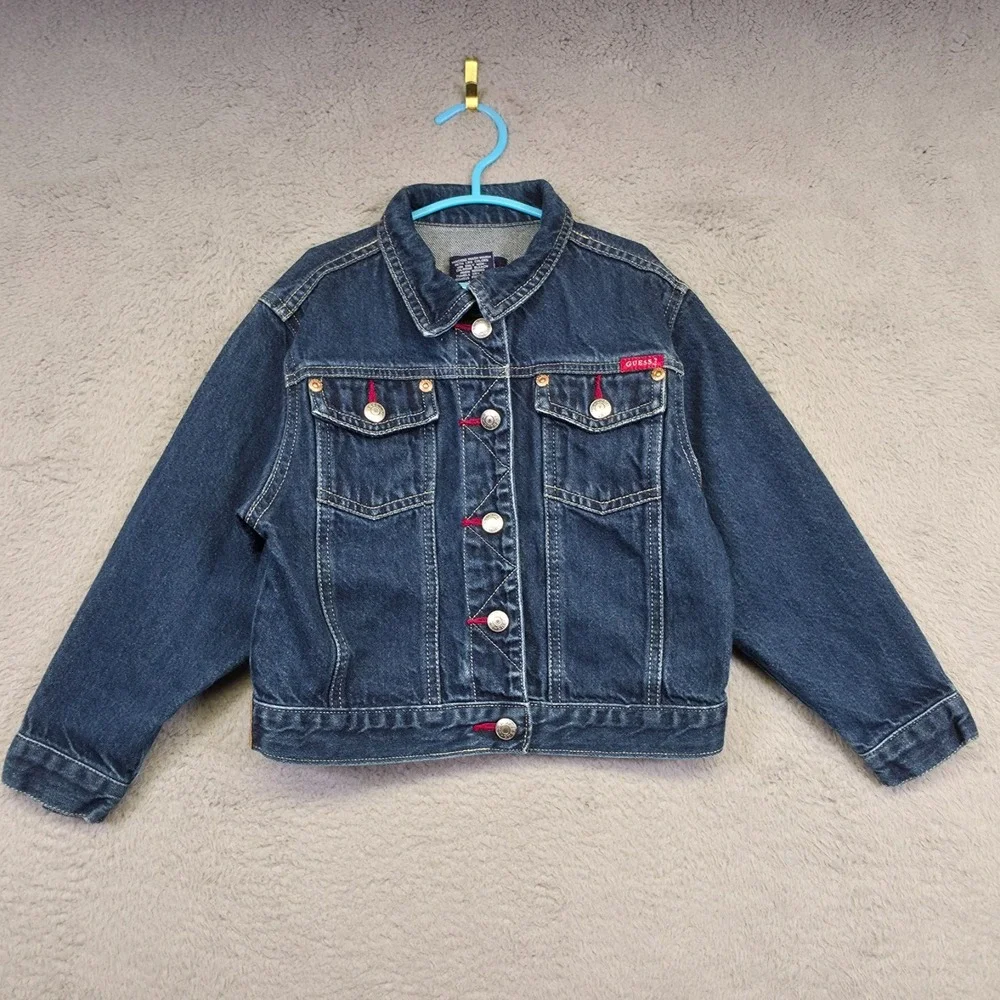Vintage Guess Jacket Girl 6 Blue Denim‎ Dark Wash Classic Western Trucker Y2K